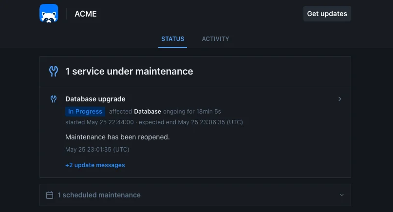 Maintenance on a public status page, showing the active banner and the upcoming maintenance section