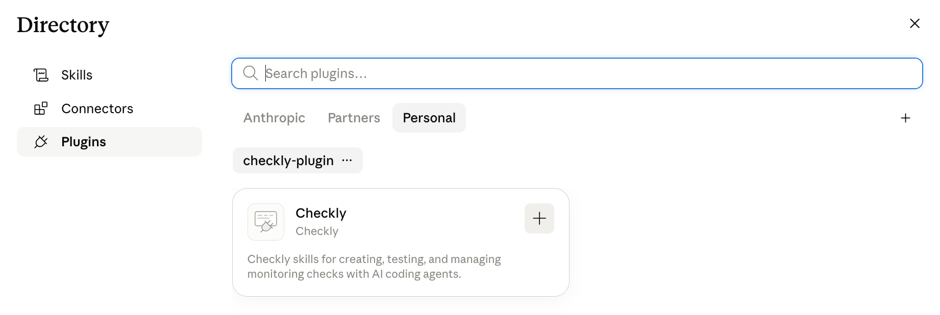 The plugin directory listing the Checkly plugin from the checkly-plugin marketplace with an install button