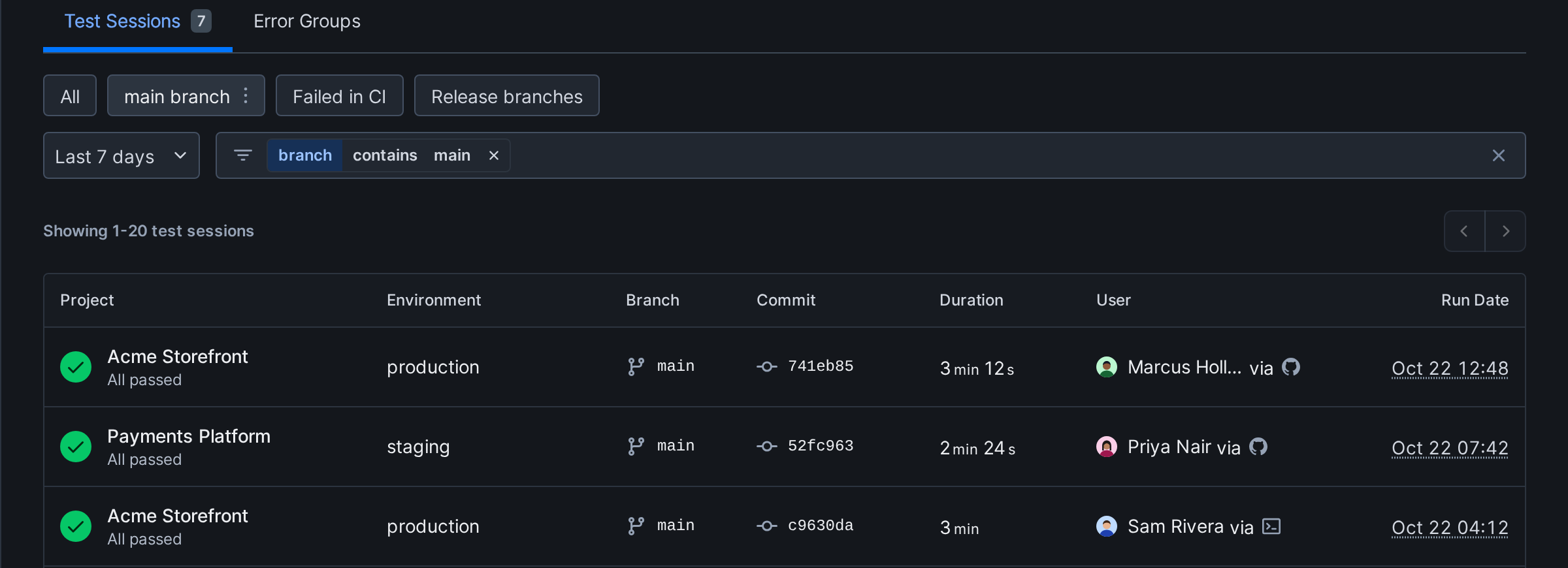 Test sessions list with the views bar below the page tabs and the filter field underneath