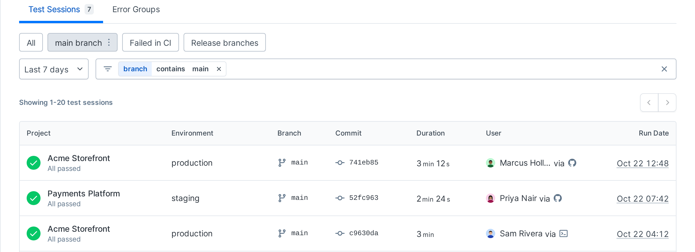 Test sessions list with the views bar below the page tabs and the filter field underneath
