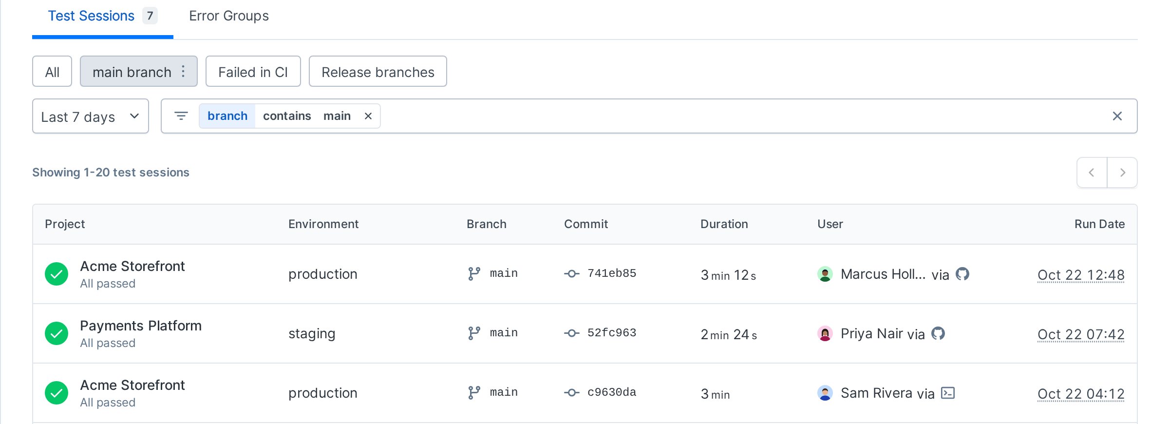 Test sessions list with the views bar below the page tabs and the filter field underneath