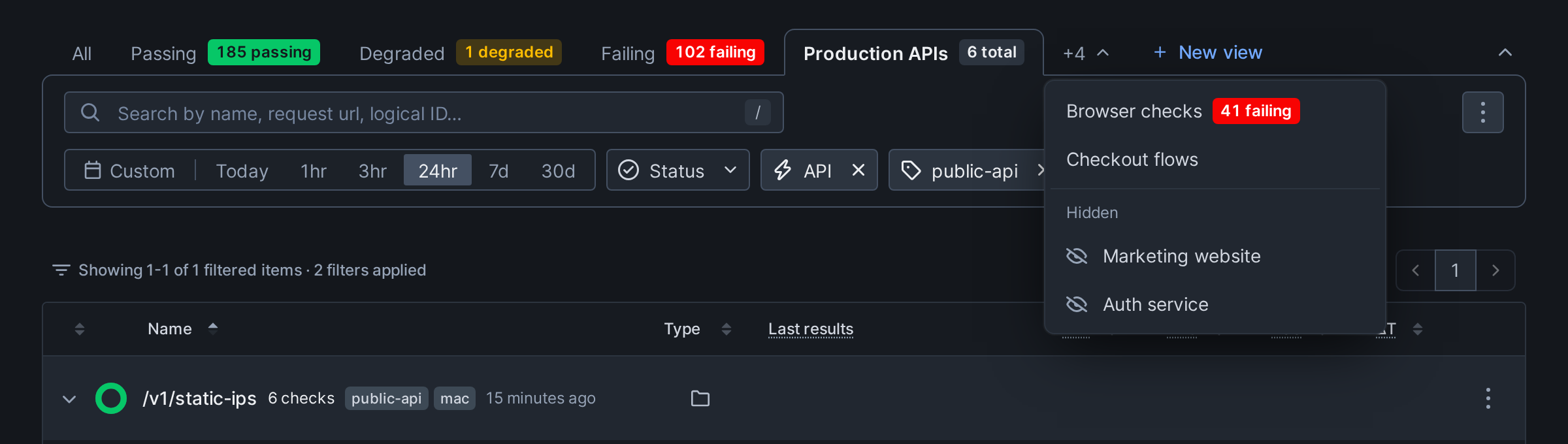 The menu at the end of the view tabs, listing views that don't fit and two views under Hidden
