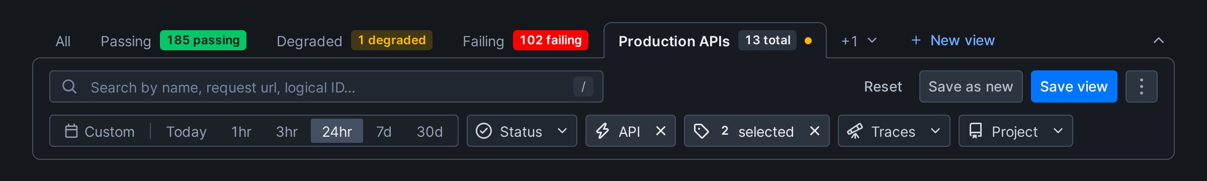A selected view with a changed filter, a dot on its tab, and the Reset, Save as new and Save view buttons