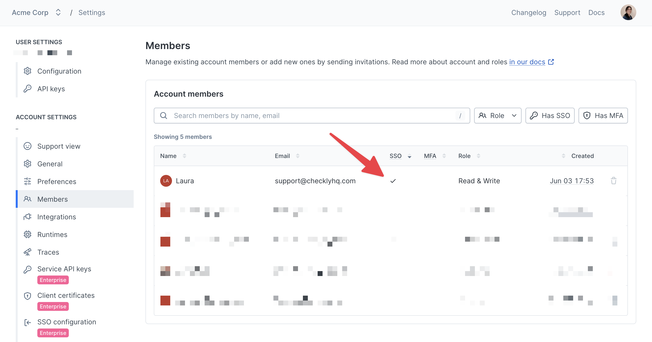 checkly members page SSO check mark screenshot