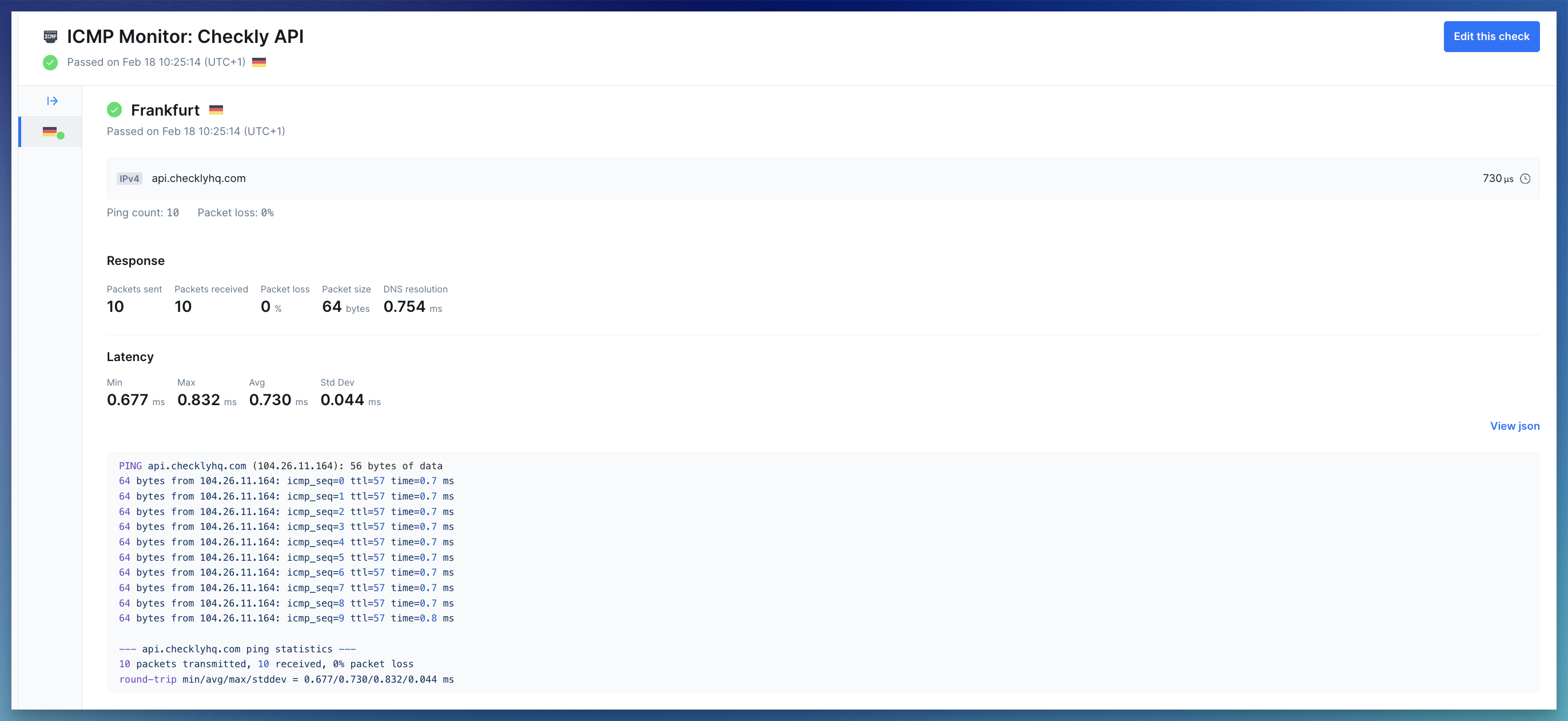 ICMP monitor results page