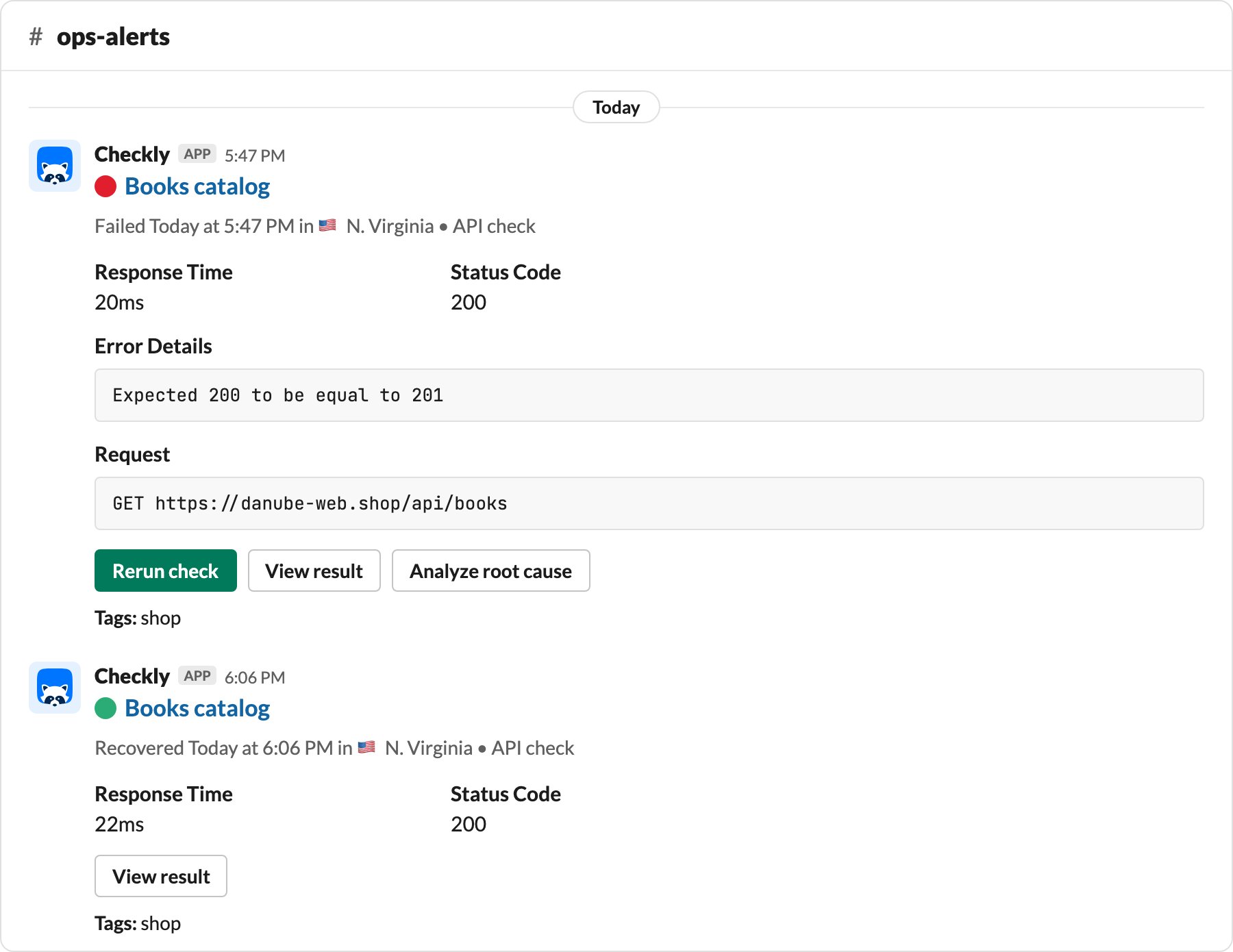 Slack channel ops-alerts with two messages from the Checkly app: Books catalog failed in N. Virginia with the error Expected 200 to be equal to 201, then Books catalog recovered in N. Virginia 19 minutes later