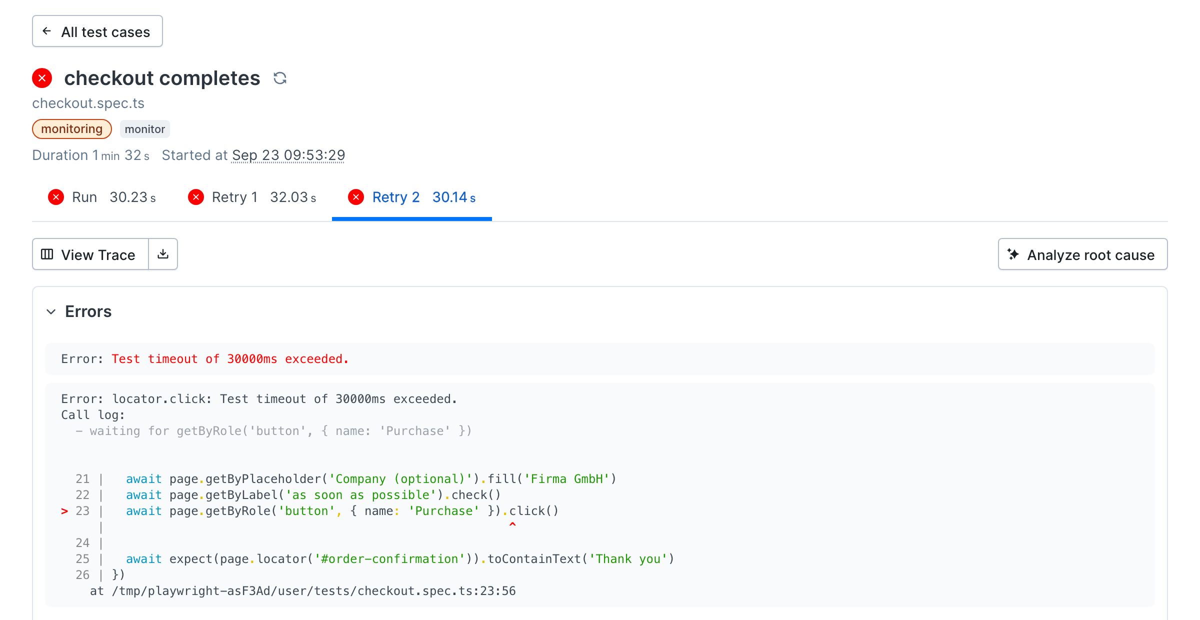 The failed checkout test case in Checkly showing three failed attempts, the Playwright error with the failing line highlighted, and View Trace and Analyze root cause buttons