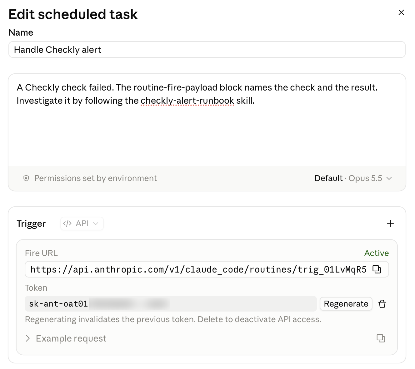 The Edit scheduled task dialog of a Claude Code routine named Handle Checkly alert, with the saved prompt and an active API trigger showing the fire URL and a generated token