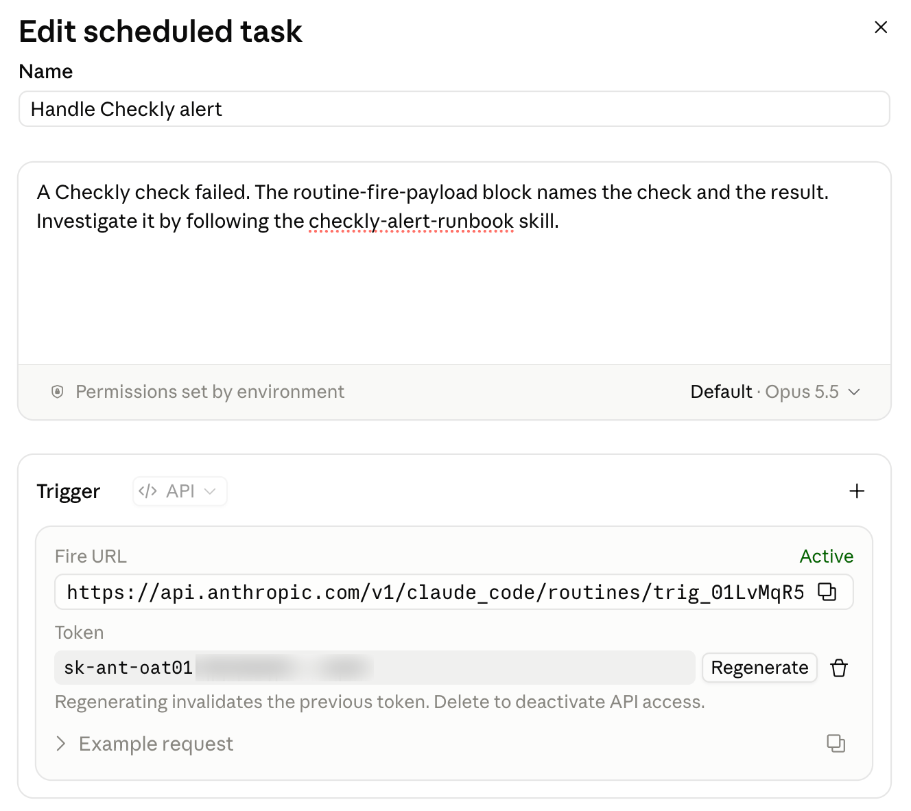 The Edit scheduled task dialog of a Claude Code routine named Handle Checkly alert, with the saved prompt and an active API trigger showing the fire URL and a generated token