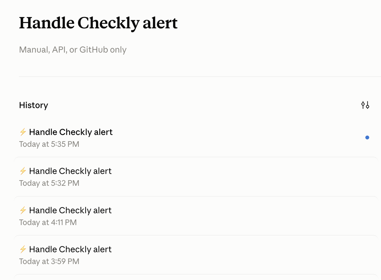 The Handle Checkly alert routine in Claude Code with a history of four runs, each started by an API trigger