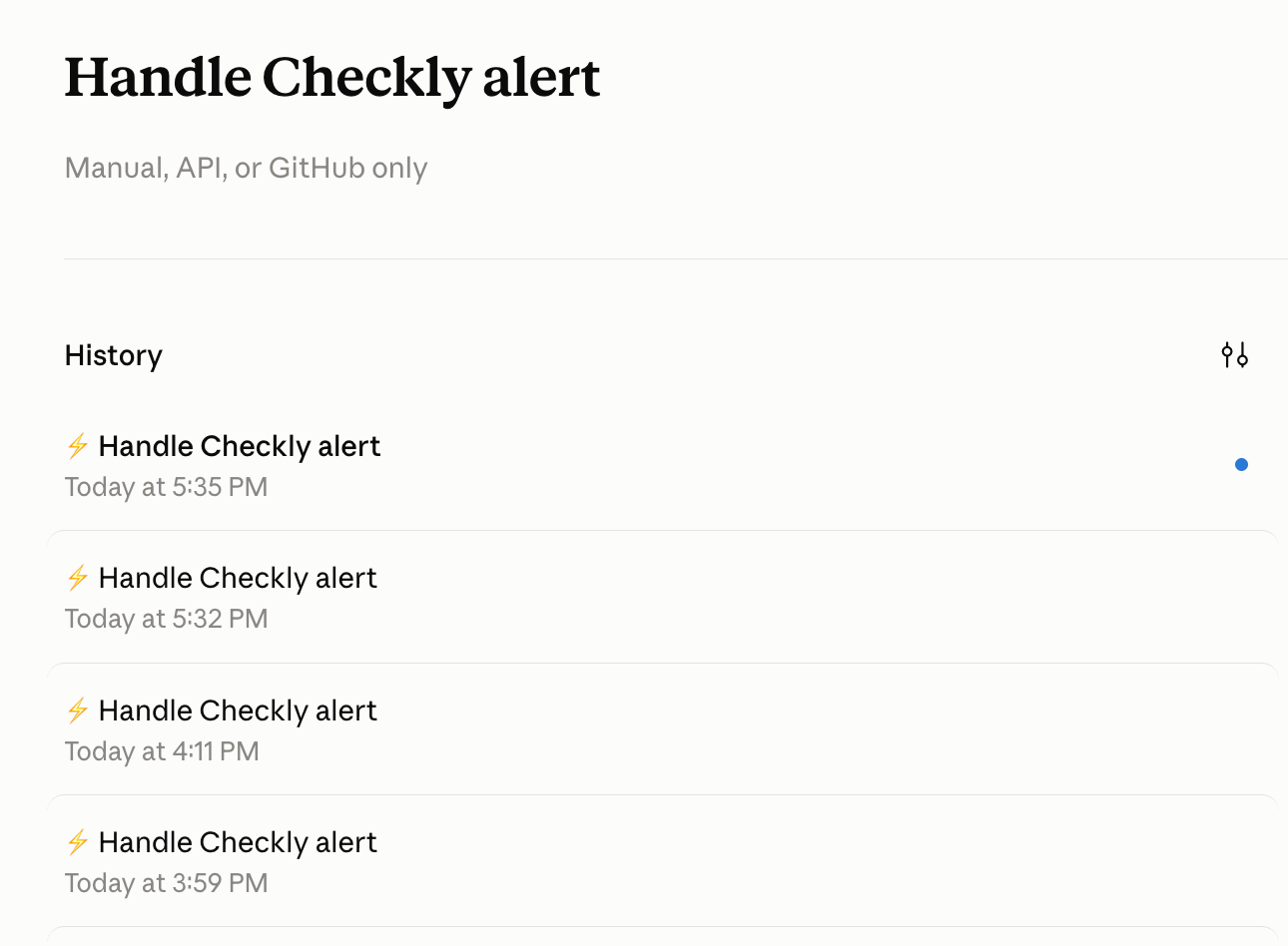 The Handle Checkly alert routine in Claude Code with a history of four runs, each started by an API trigger