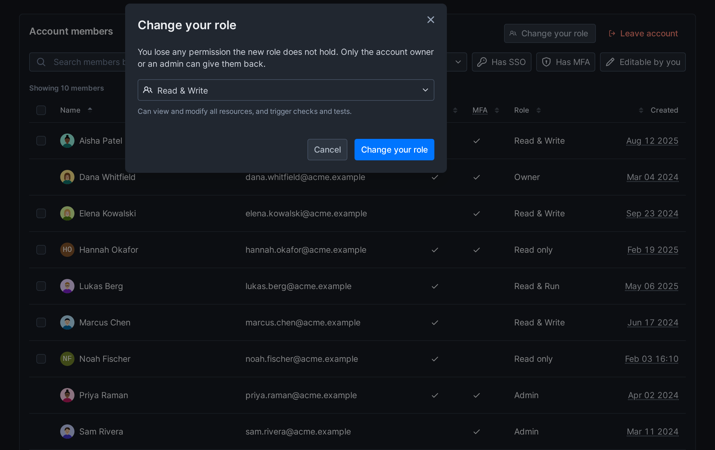 The Change your role dialog with your current role in the role picker and a note that only the account owner or an admin can give back the permissions you lose