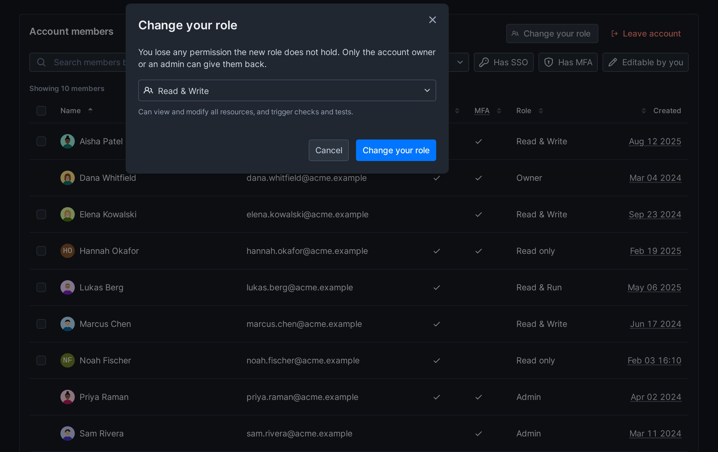 The Change your role dialog with your current role in the role picker and a note that only the account owner or an admin can give back the permissions you lose