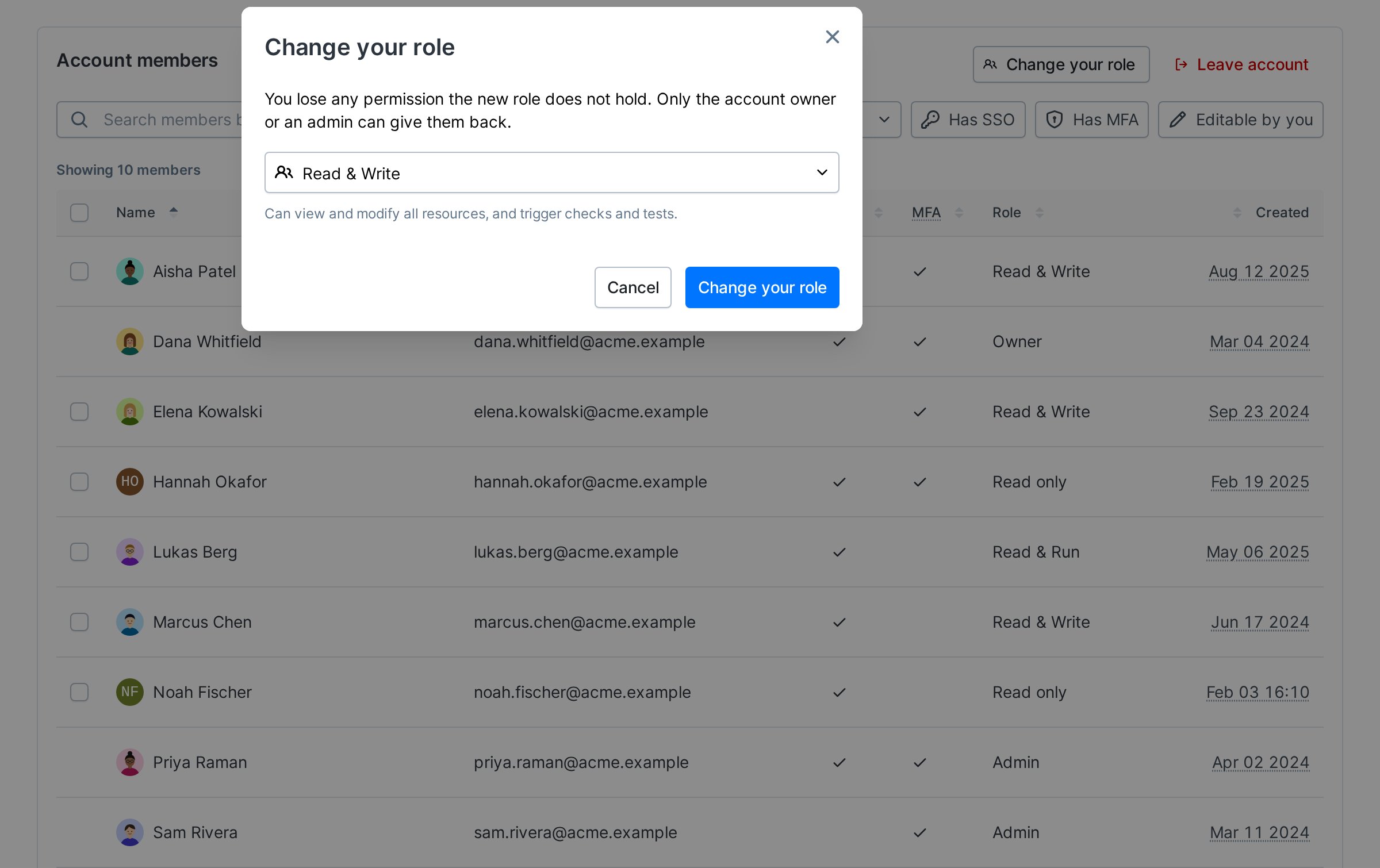 The Change your role dialog with your current role in the role picker and a note that only the account owner or an admin can give back the permissions you lose