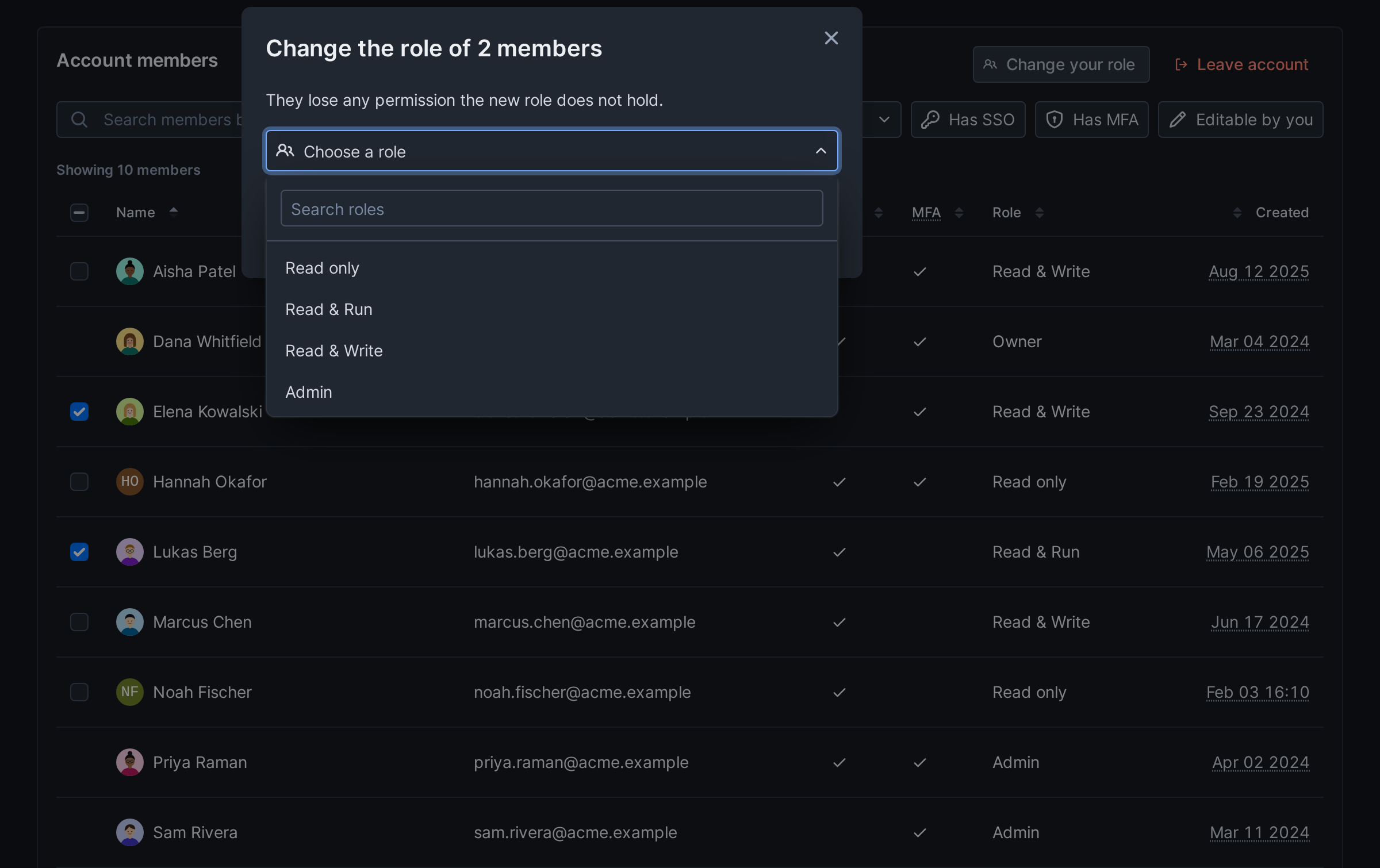 The Change role dialog with the role picker open, listing the roles below a search field