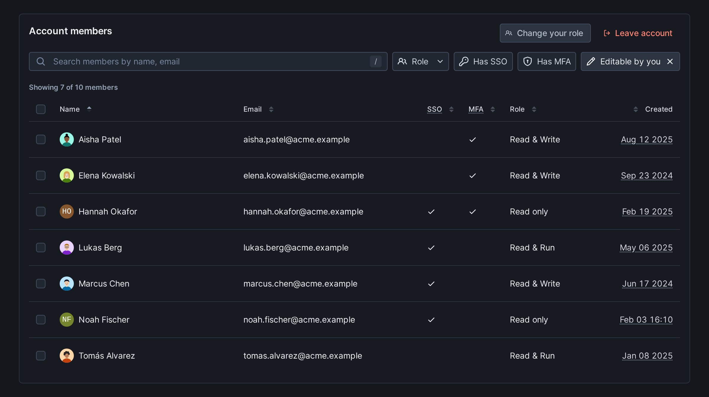 Account members table with the Editable by you filter on, listing only the members you can act on, each with a checkbox