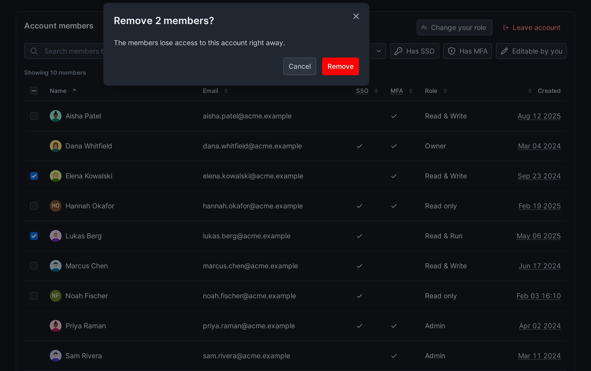 Confirmation dialog titled Remove 2 members?, saying the members lose access right away