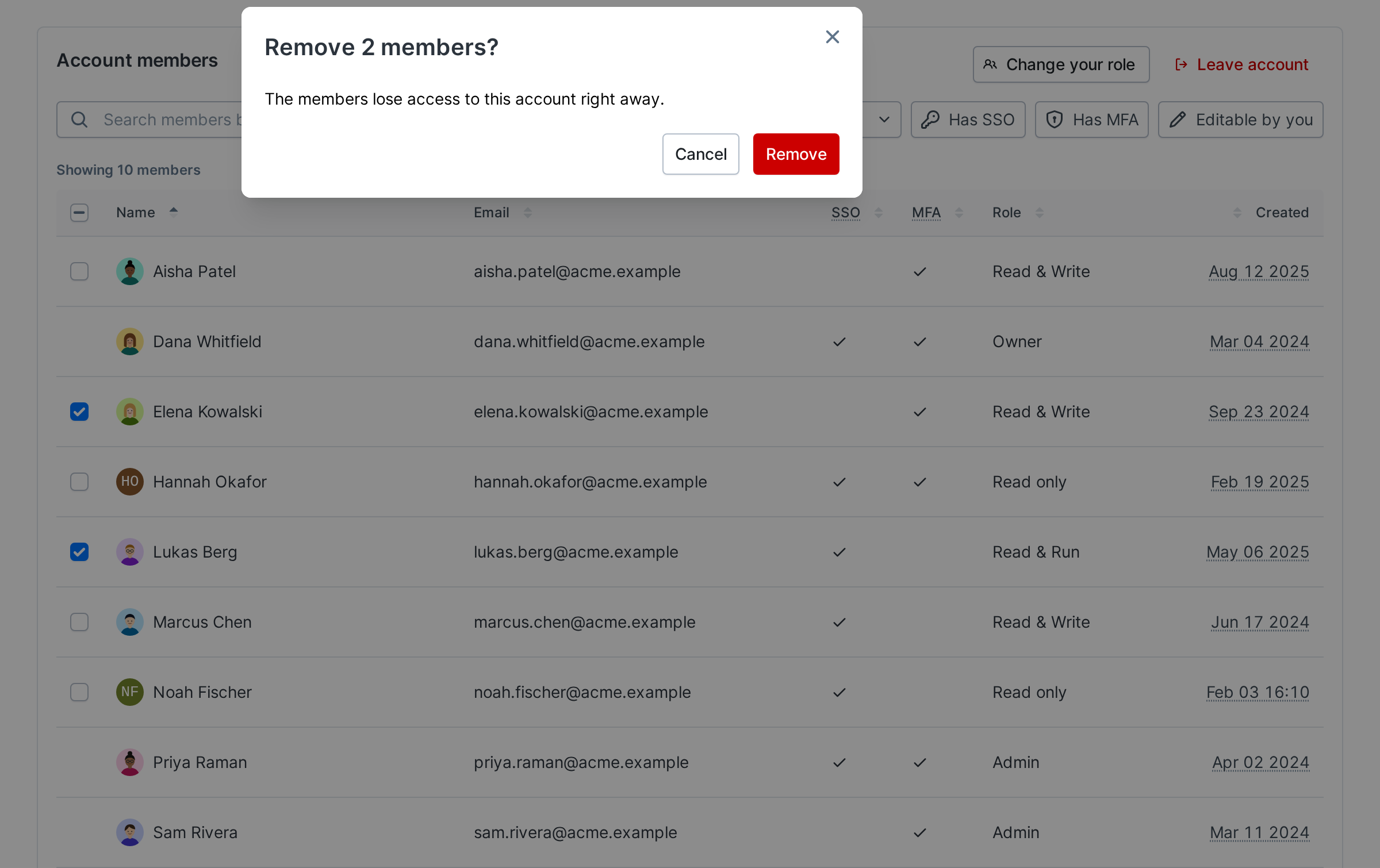 Confirmation dialog titled Remove 2 members?, saying the members lose access right away