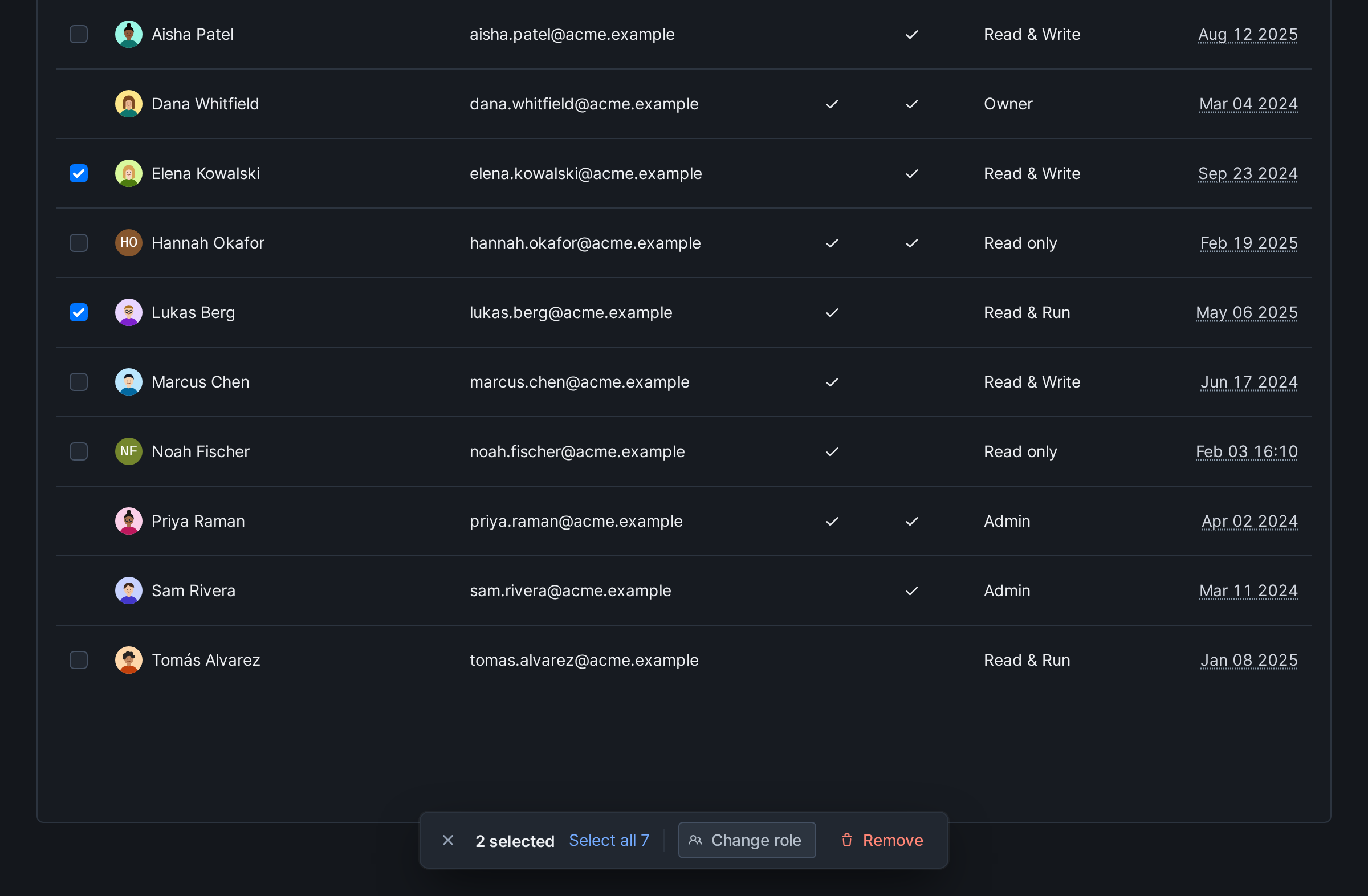 Account members table with two members checked and the selection bar at the bottom showing the count, Select all, Change role and Remove