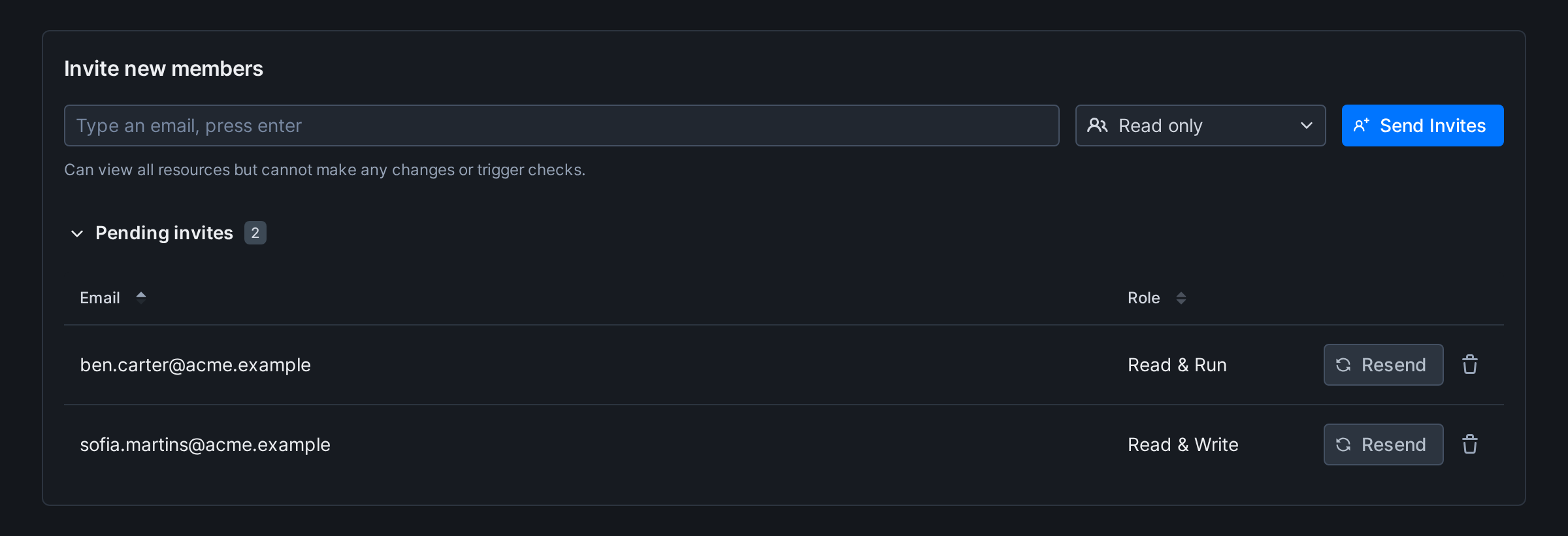 The Invite new members card with the invite form and, below it, the Pending invites list with a count of 2, showing each invitation's email, role, a Resend button and a remove button
