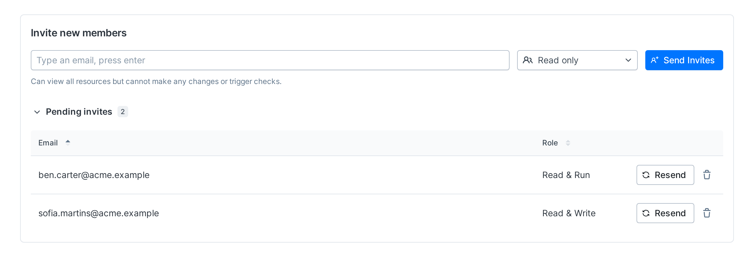 The Invite new members card with the invite form and, below it, the Pending invites list with a count of 2, showing each invitation's email, role, a Resend button and a remove button