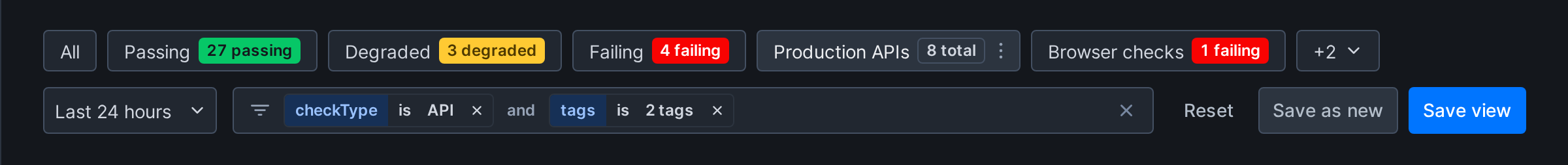 A selected view with a changed filter, and the Reset, Save as new and Save view buttons next to the filter field
