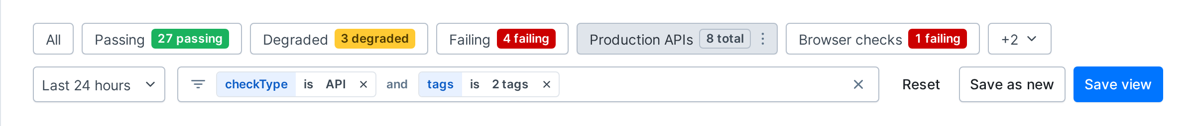 A selected view with a changed filter, and the Reset, Save as new and Save view buttons next to the filter field