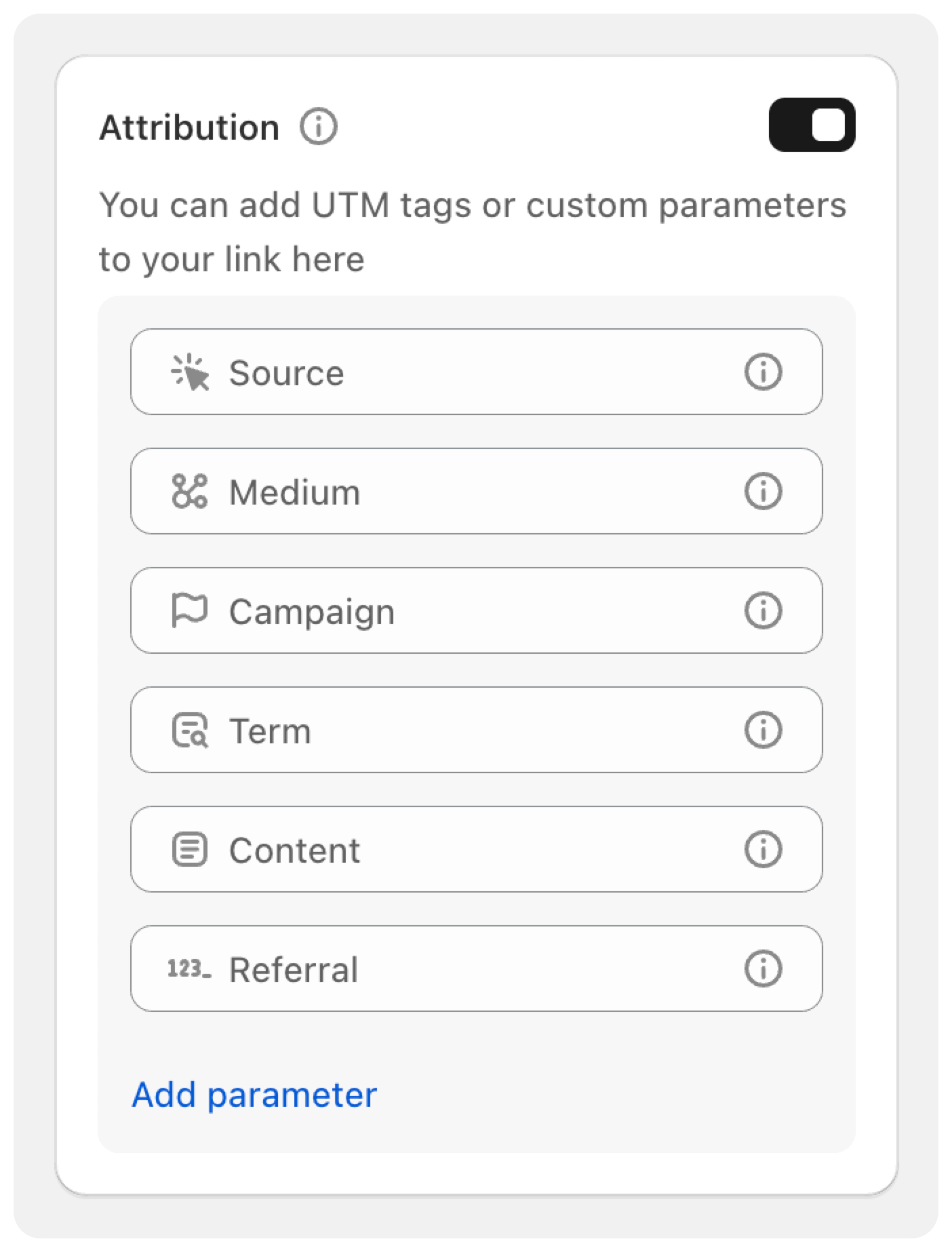 Screenshot of the Attribution card UI with UTM fields and activation toggle