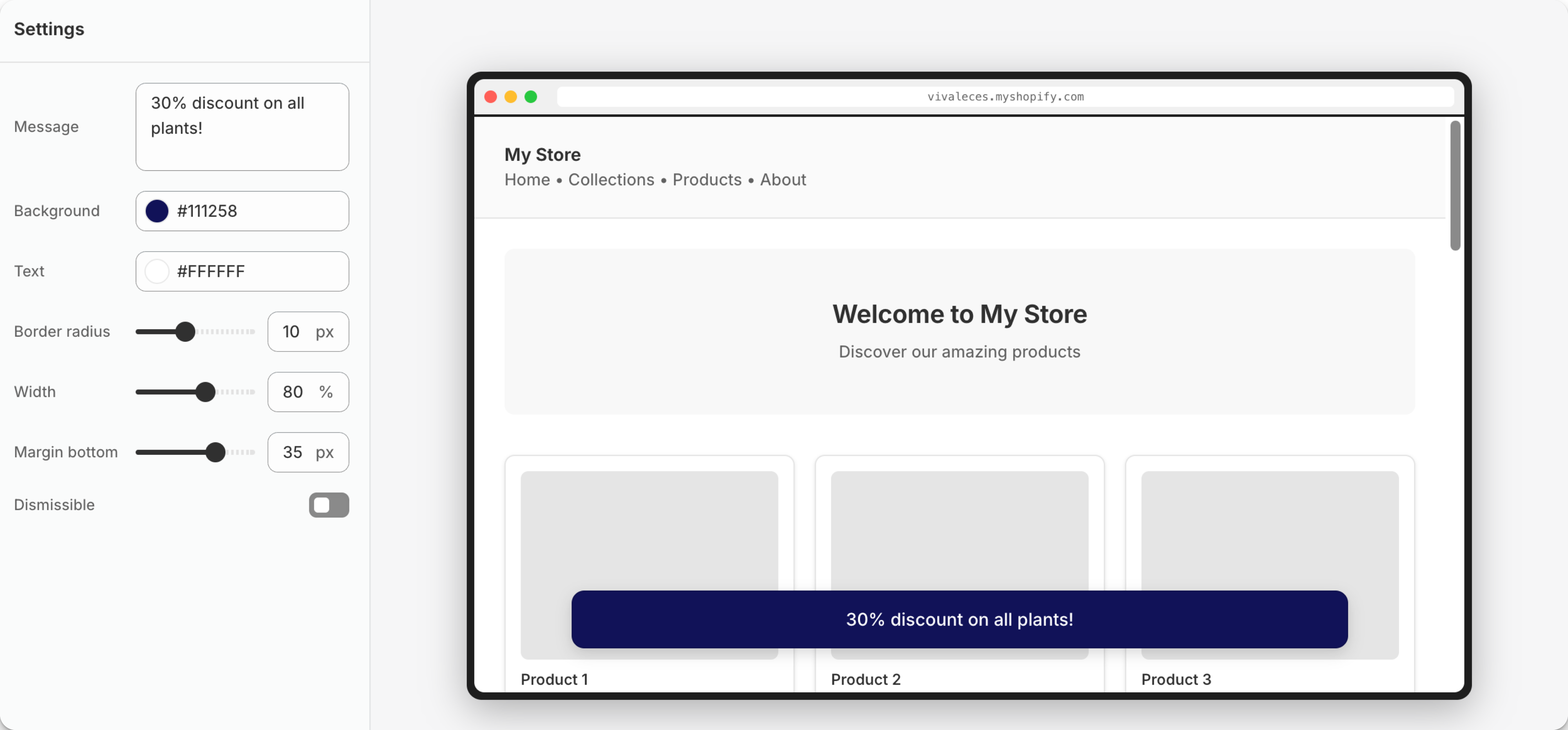 Screenshot of banner configuration interface with live storefront preview