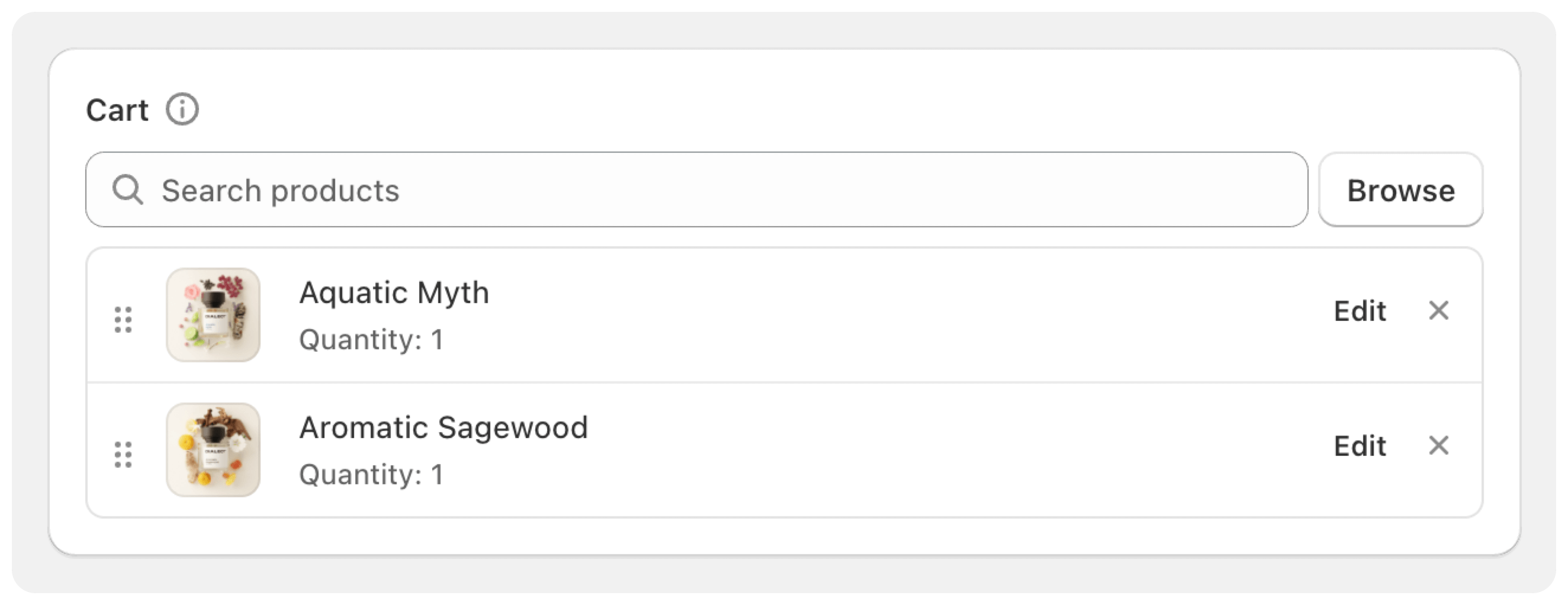 Screenshot of the Cart card UI showing product selection and cart preview