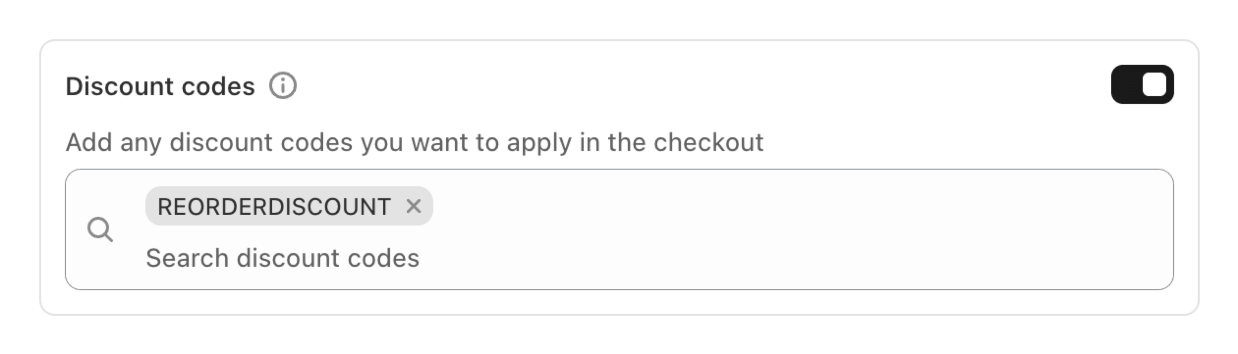 Screenshot of the Discount Codes card UI with code selection and activation toggle