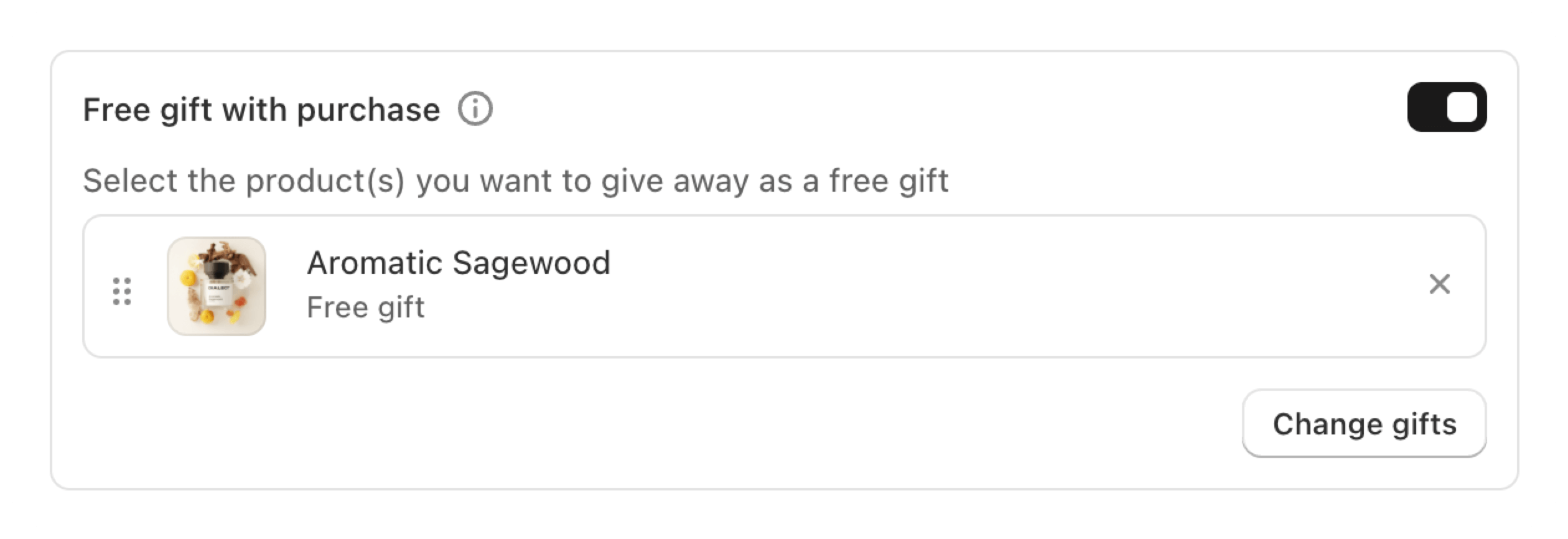 Screenshot of the Free Gift card UI showing product selection for free gifts