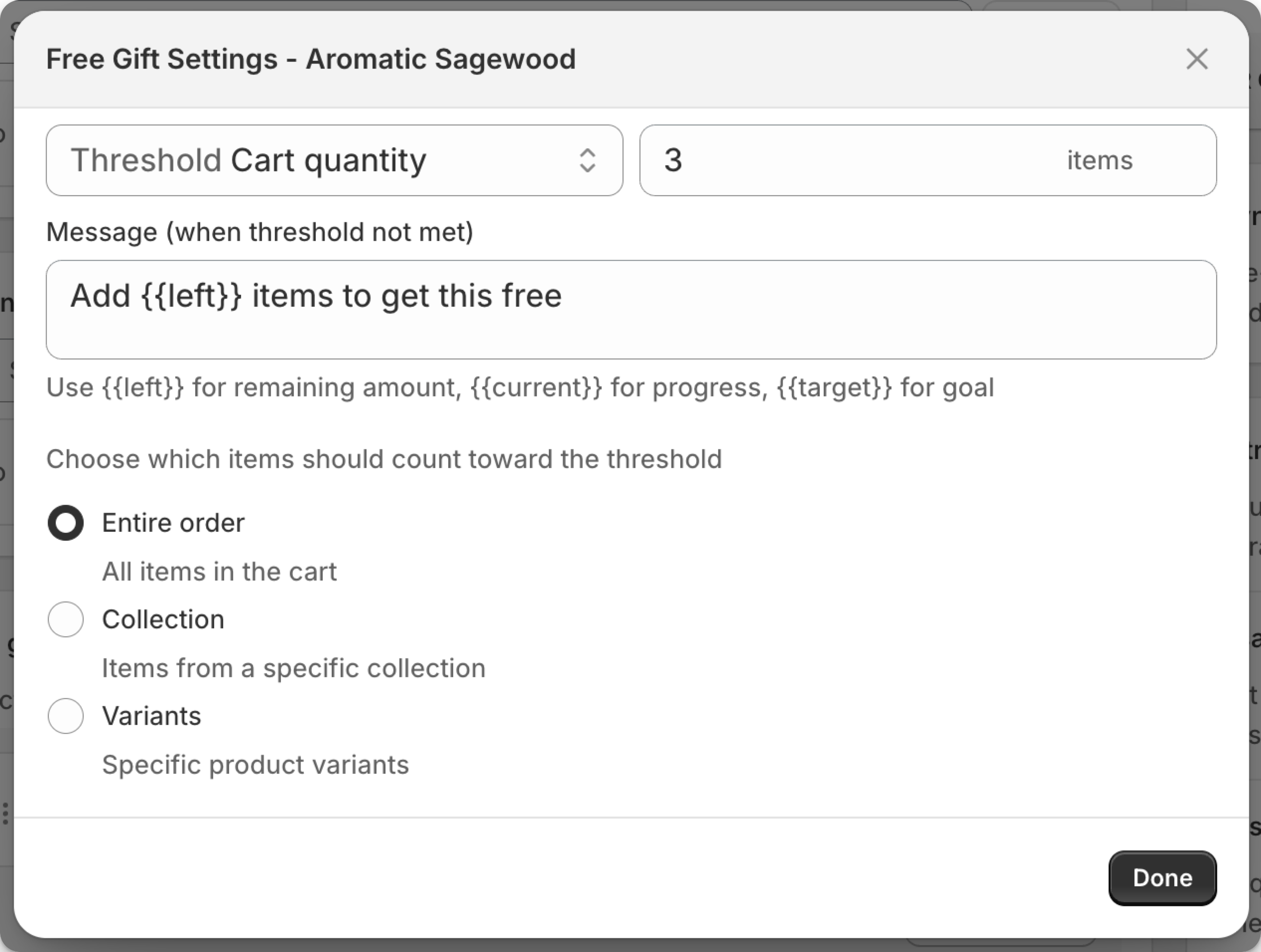 Screenshot of threshold configuration UI with quantity and value options