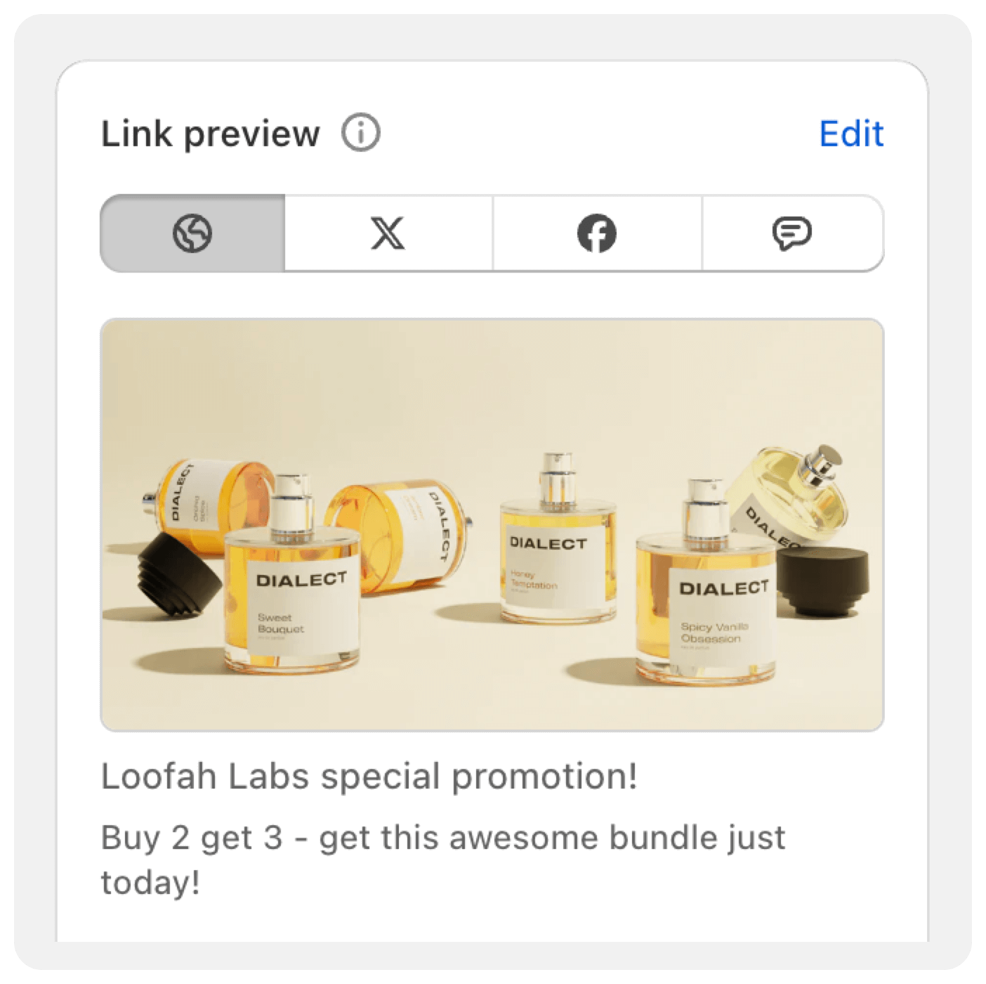 Screenshot of the Link Preview card UI with image selector and description field