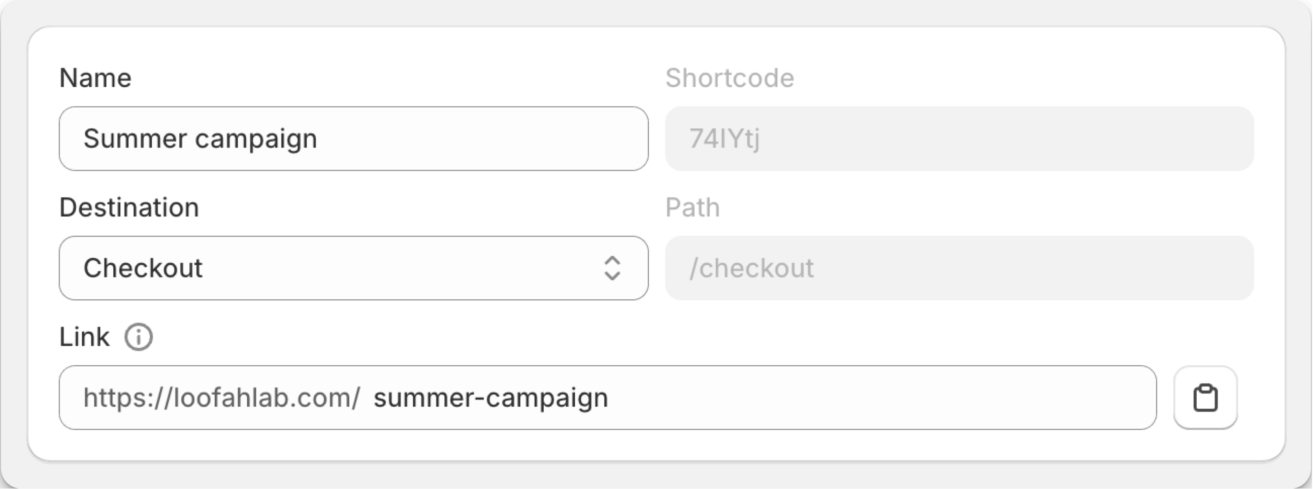 Screenshot of the Link Card UI with fields for name, shortcode, and URL editing