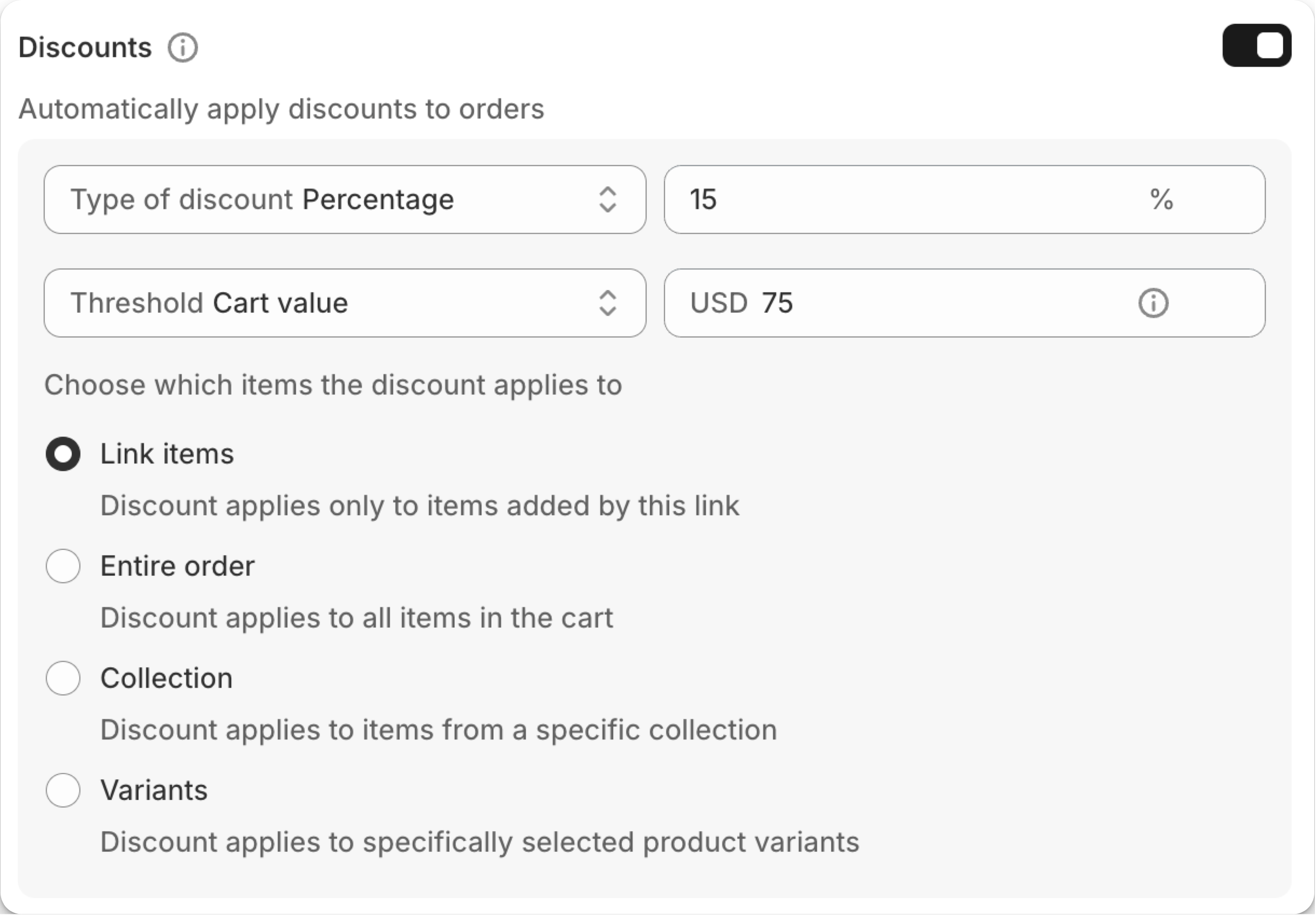 Screenshot of the Order Discount card UI with percentage input and activation toggle