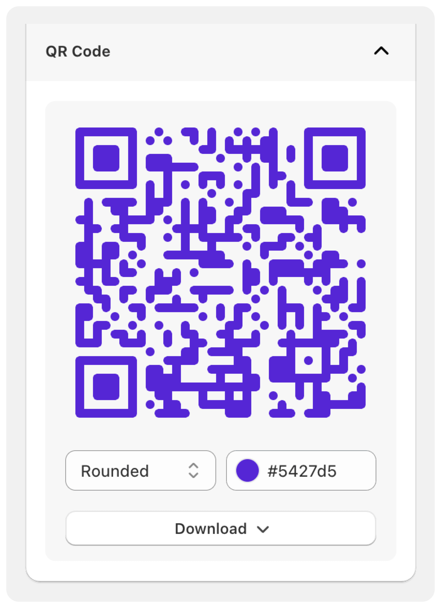 Screenshot of the QR Code card UI with QR preview and customization options