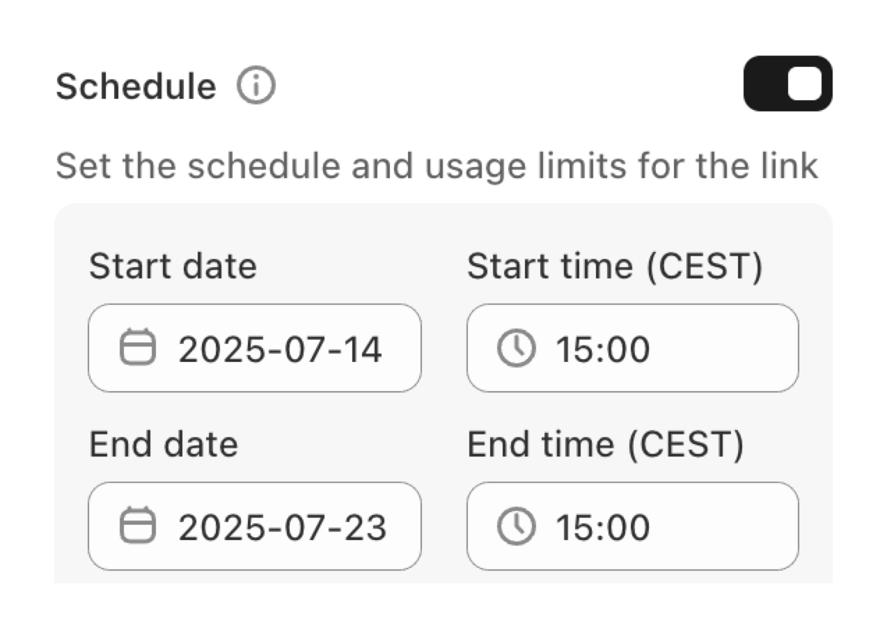 Screenshot of the Schedule card UI with date and time pickers and activation toggle