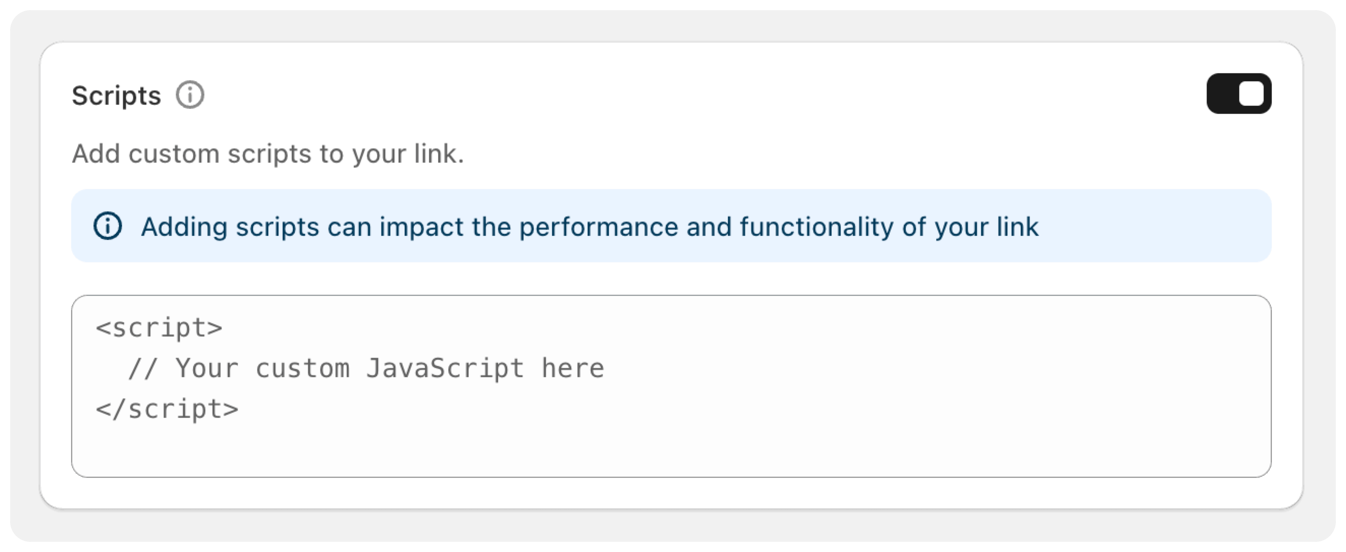 Screenshot of the Custom Scripts card UI with script input and activation toggle