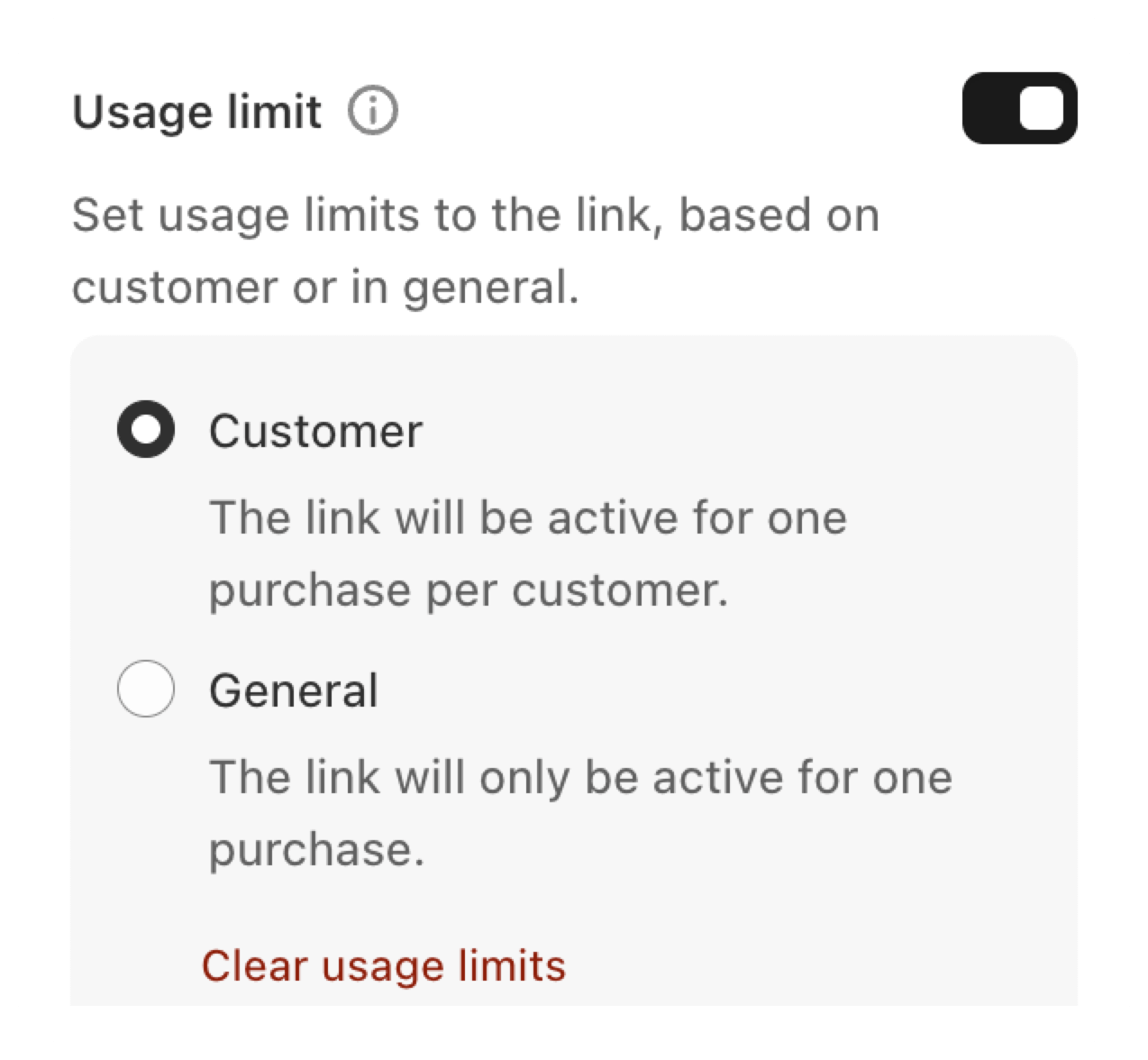 Screenshot of the Usage Limit card UI with usage options and activation toggle
