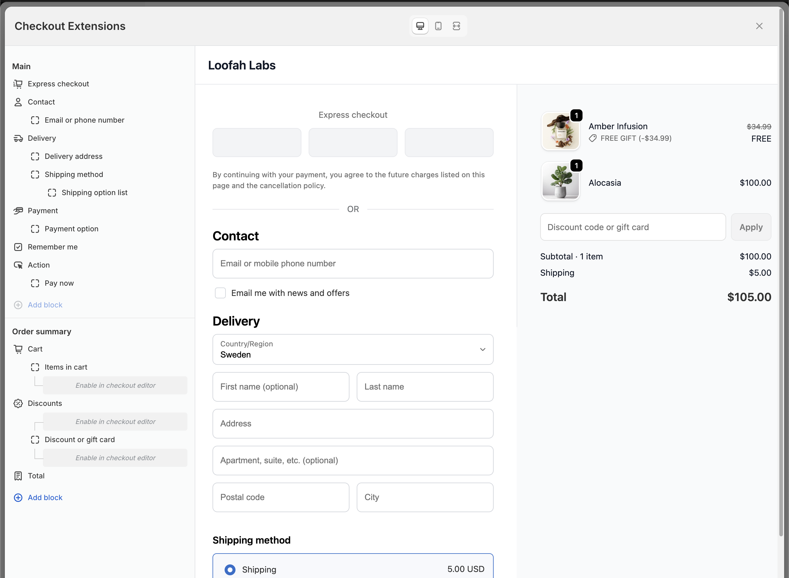 Checkout extensions configuration interface showing drag-and-drop editor with live preview