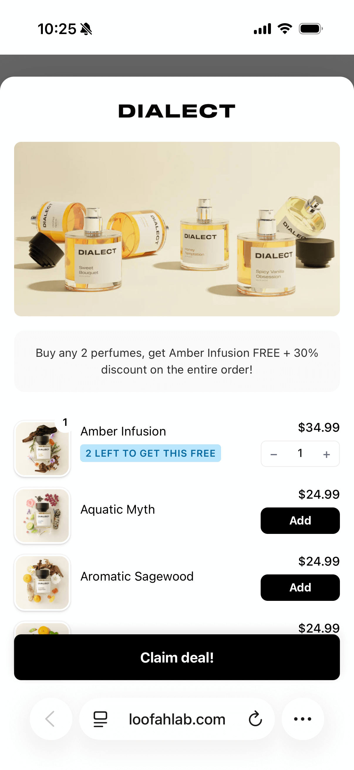 Modal overlay showing customer's cart items at top with product details and upsell products below with add buttons