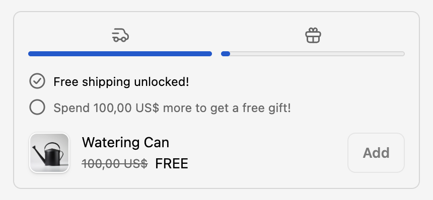 Checkout showing three progress bars for free shipping, free gift, and discount threshold with completion indicators