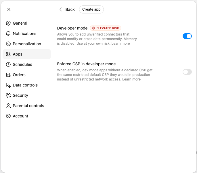 ChatGPT Settings > Apps > Advanced settings with Developer mode toggled on