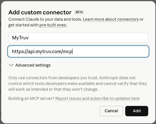 Claude's Add custom connector dialog with Name set to Checkr Money and the MCP server URL filled in