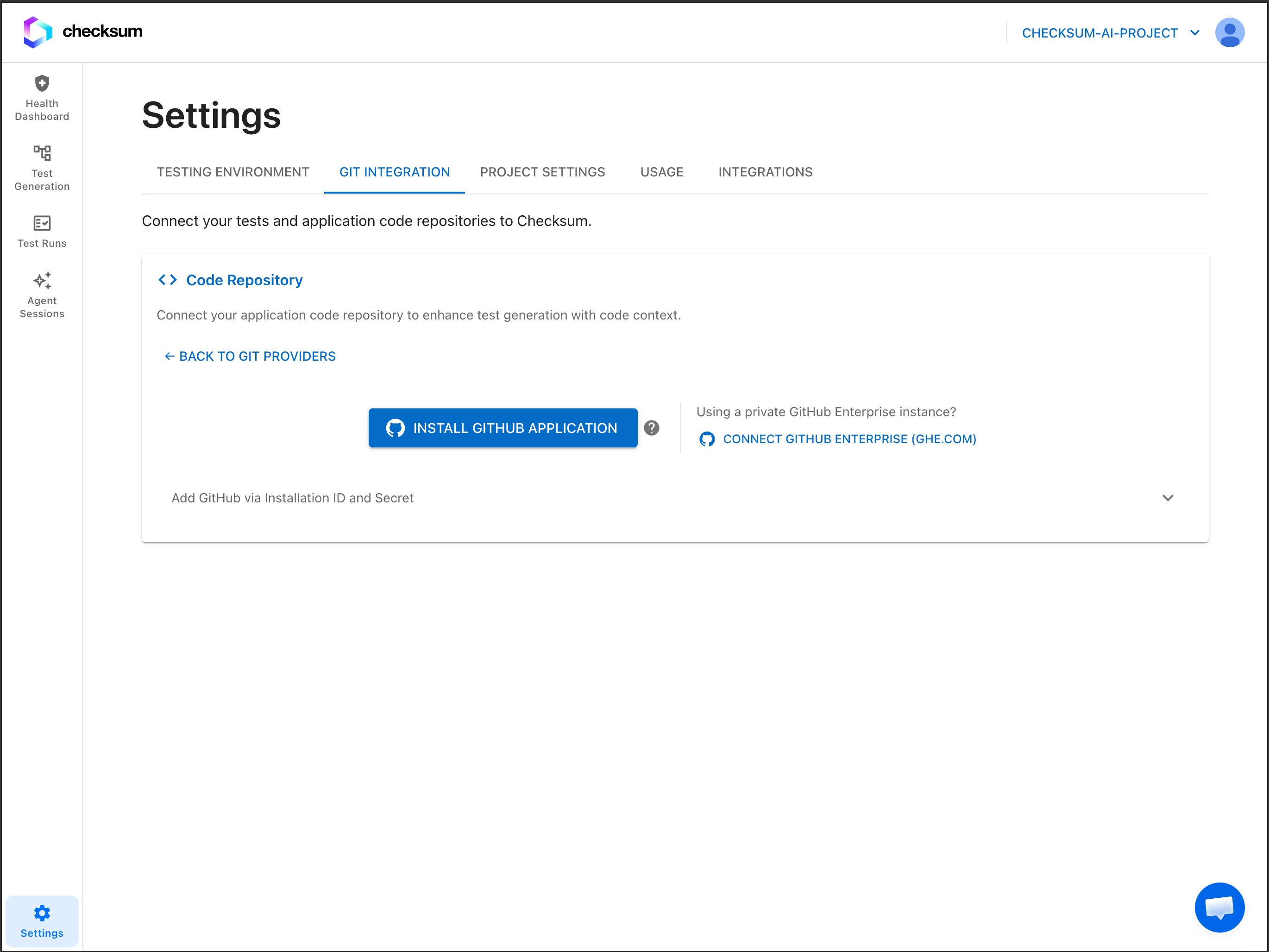 Git Integration settings with the GitHub Enterprise connect option