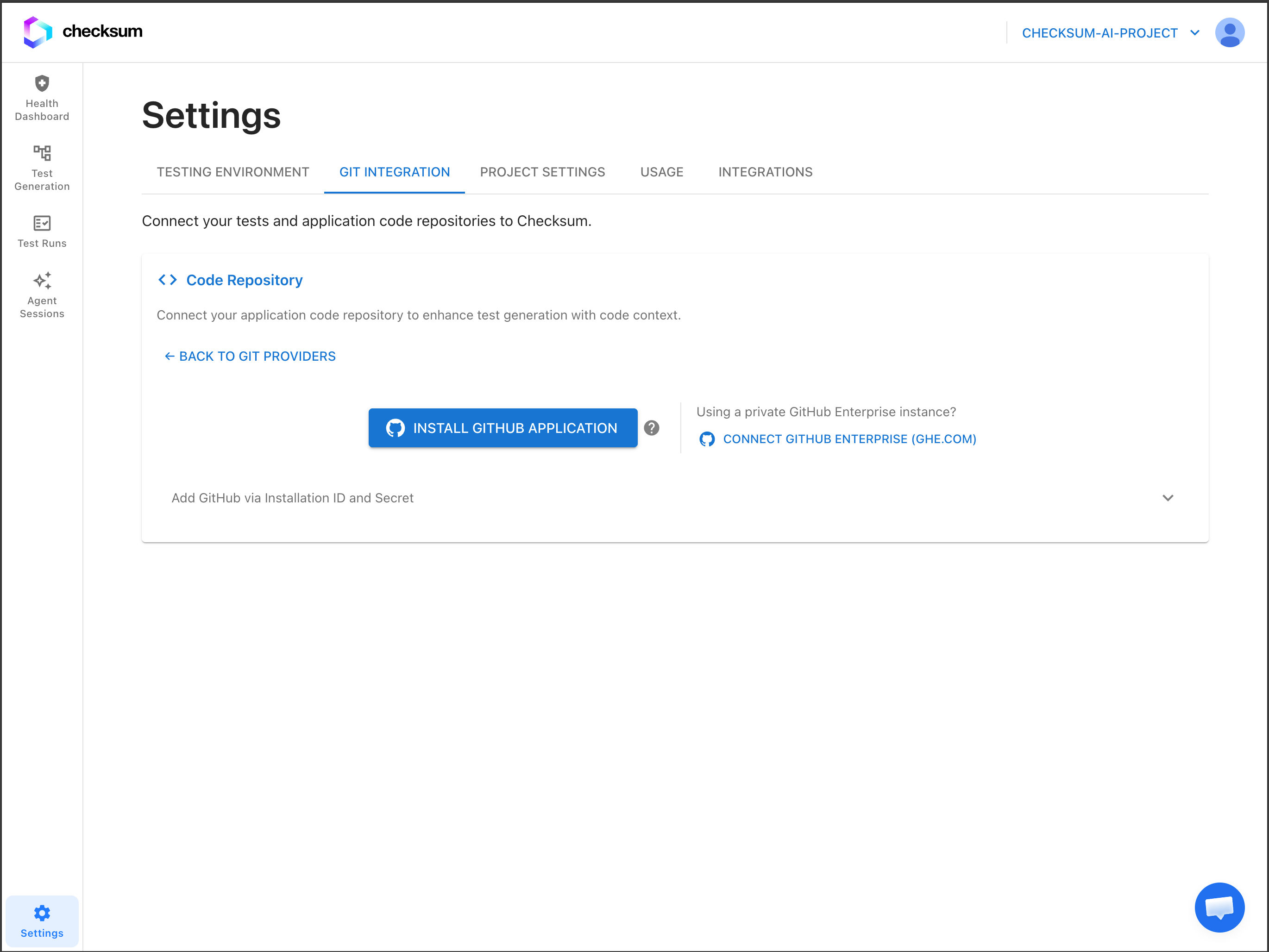 Git Integration settings with the GitHub Enterprise connect option