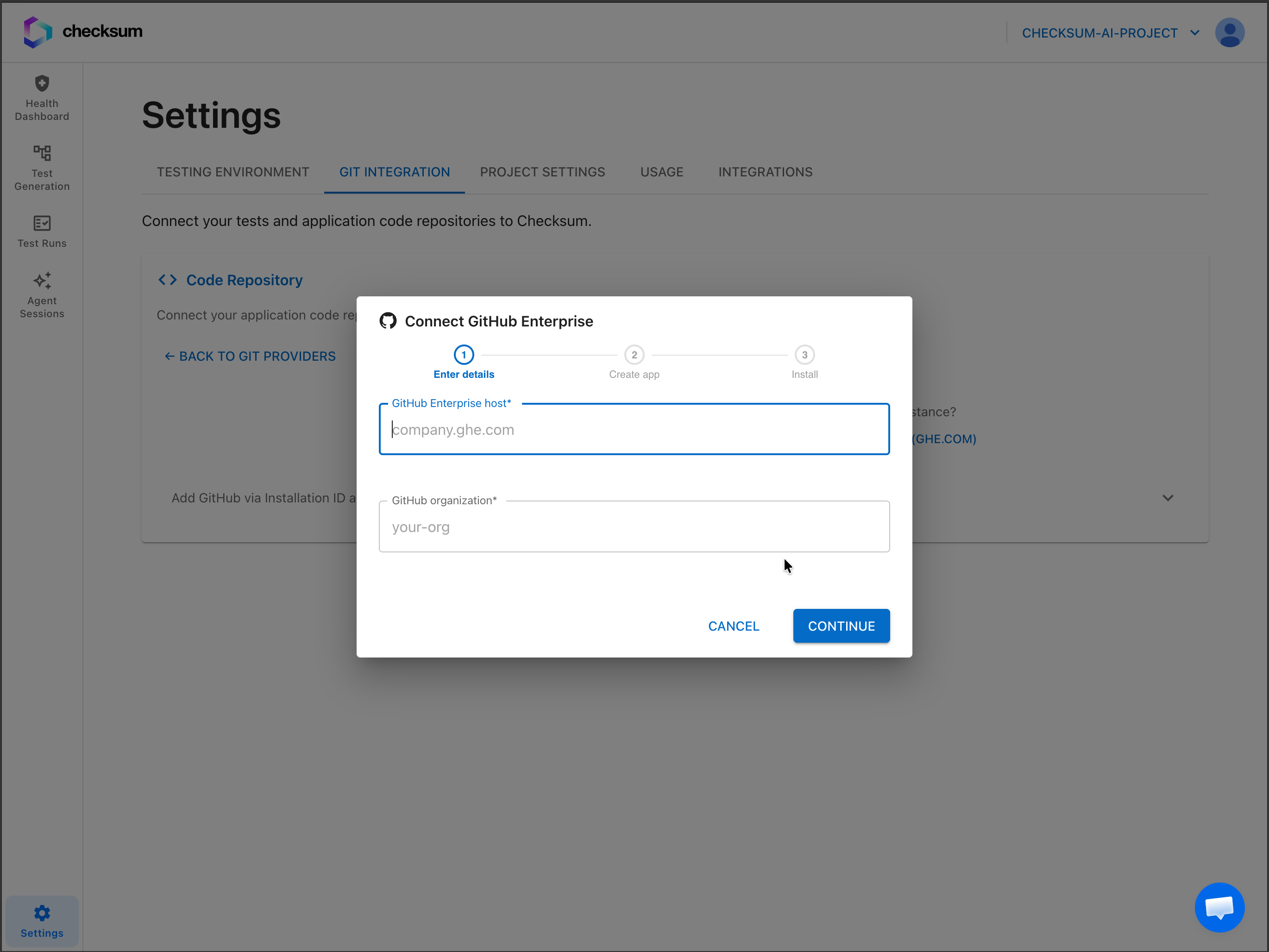 Connect GitHub Enterprise dialog — host and organization
