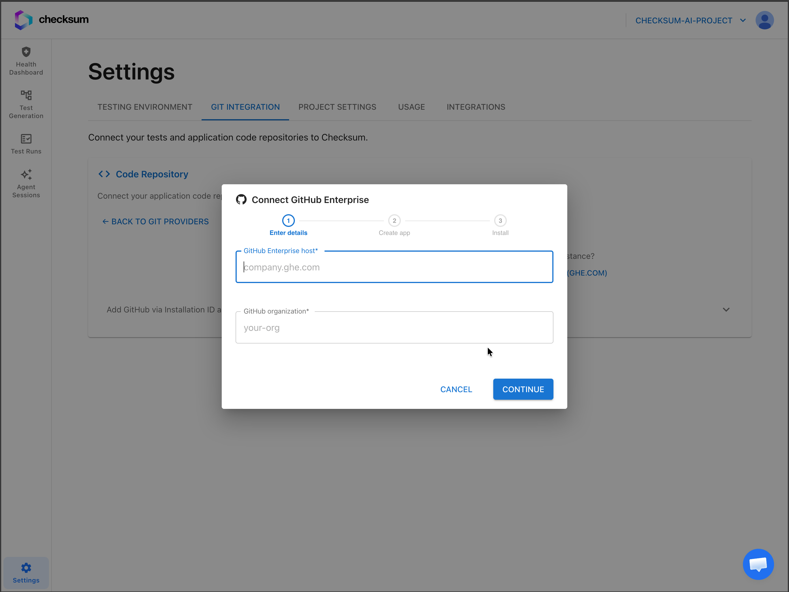 Connect GitHub Enterprise dialog — host and organization
