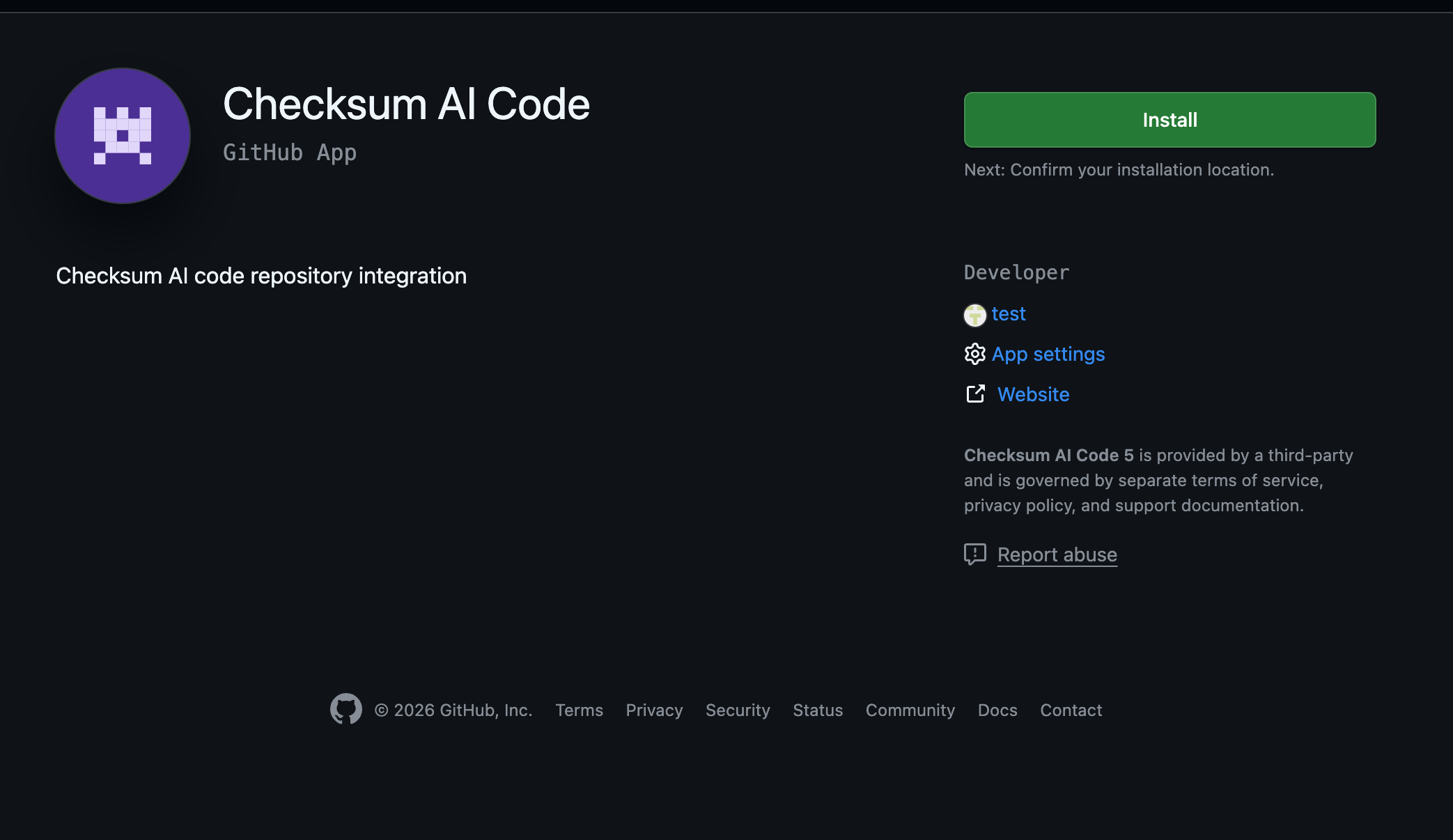 The Checksum app registered on your enterprise instance, ready to install
